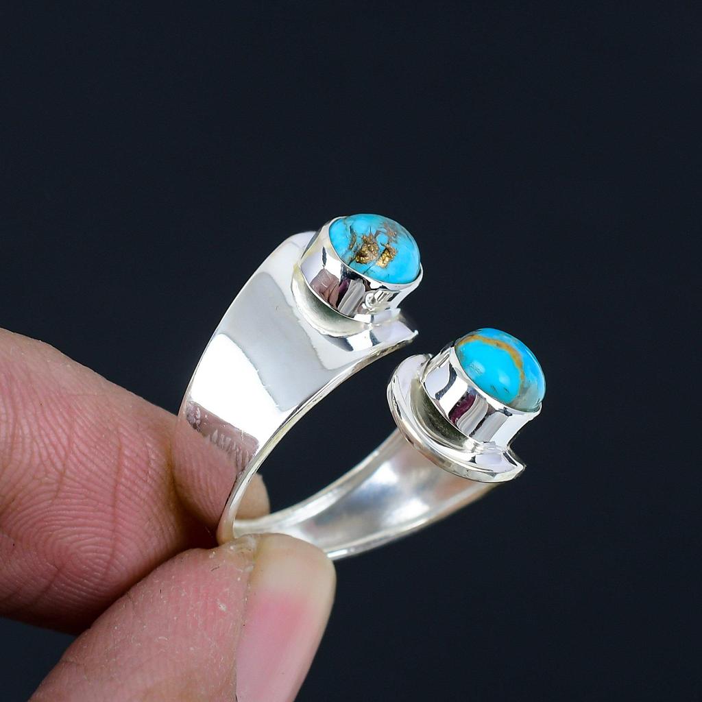 Кольцо из натурального медного камня с бирюзой, твердое серебро 925 пробы, эффектное кольцо с двумя драгоценными камнями, ювелирное изделие, подарок для женщин и девочек
