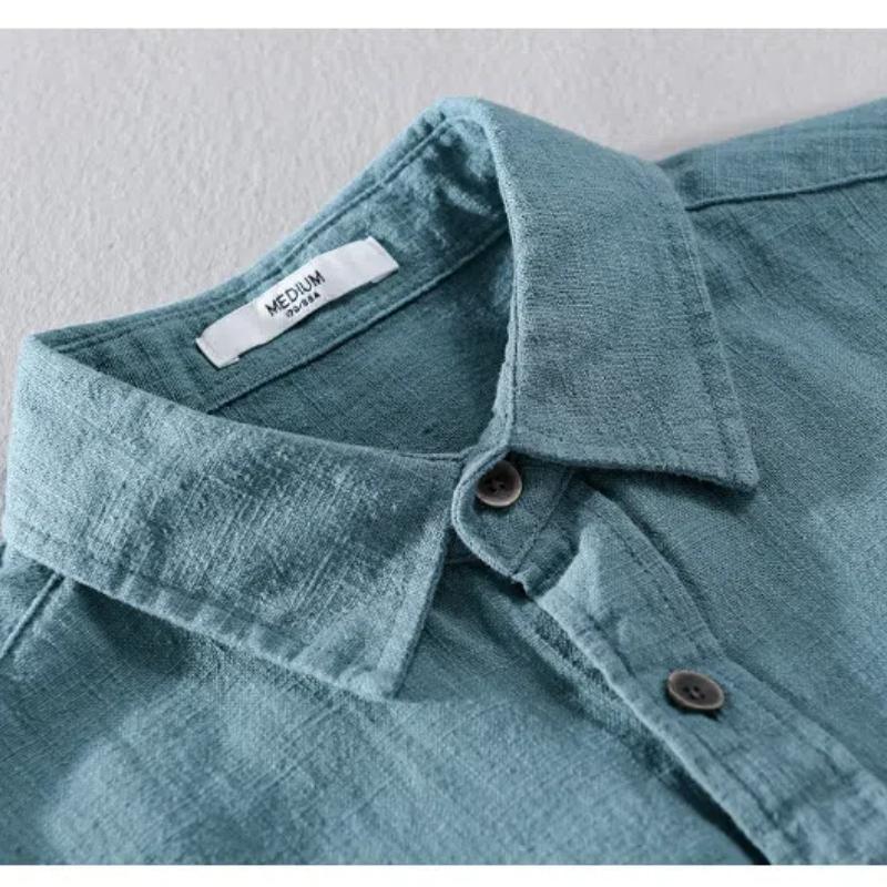 Long Sleeve Cotton Linen Man Shirts Summer Tops Classical Turn-down Collar Green Button Shirt Daily Men's Casual Shirt Beach Breathable Shirt