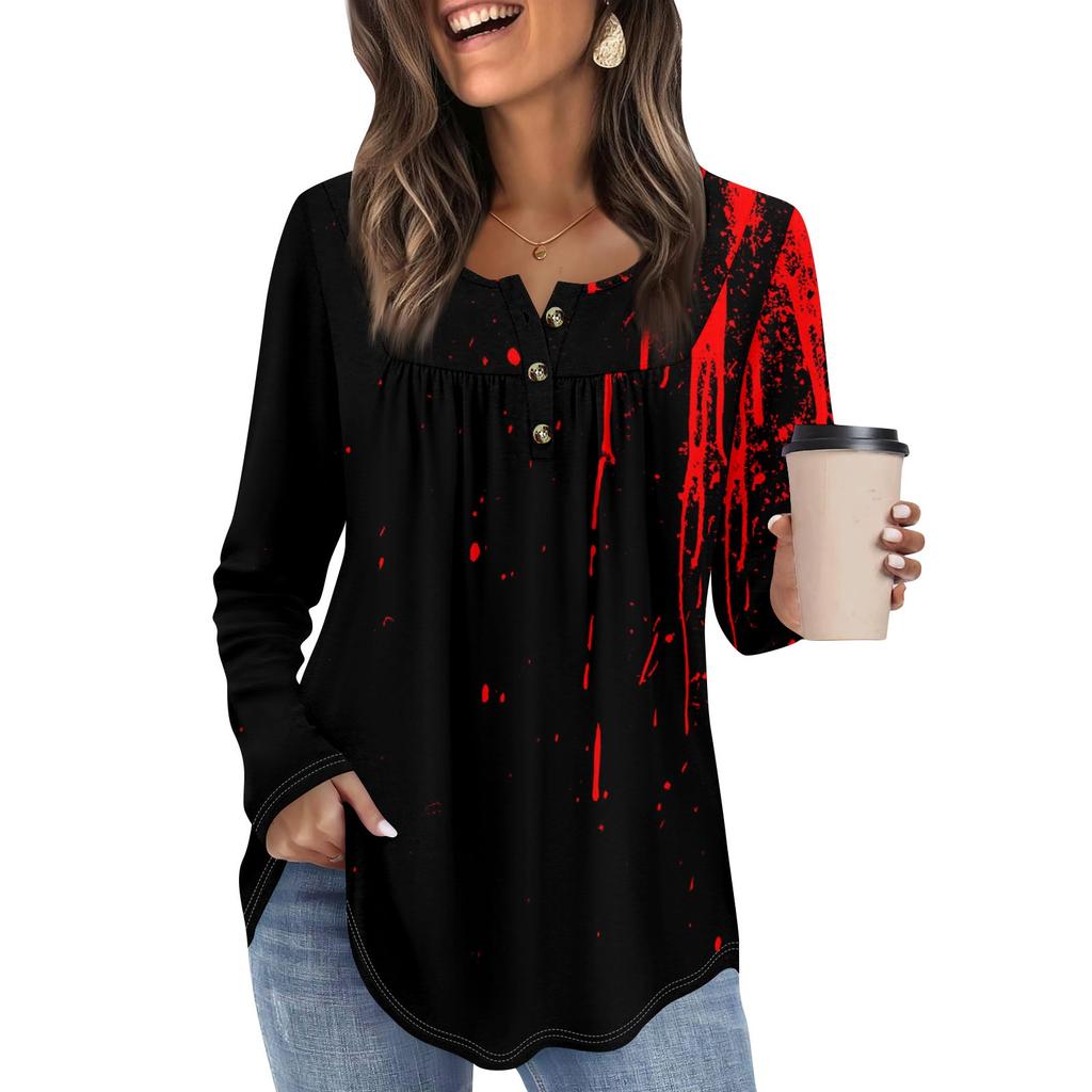 Женская туника с длинным рукавом, свободные топы, повседневные топы оверсайз, плиссированная туника, застегивающаяся на пуговицы, повседневные женские топы с принтом