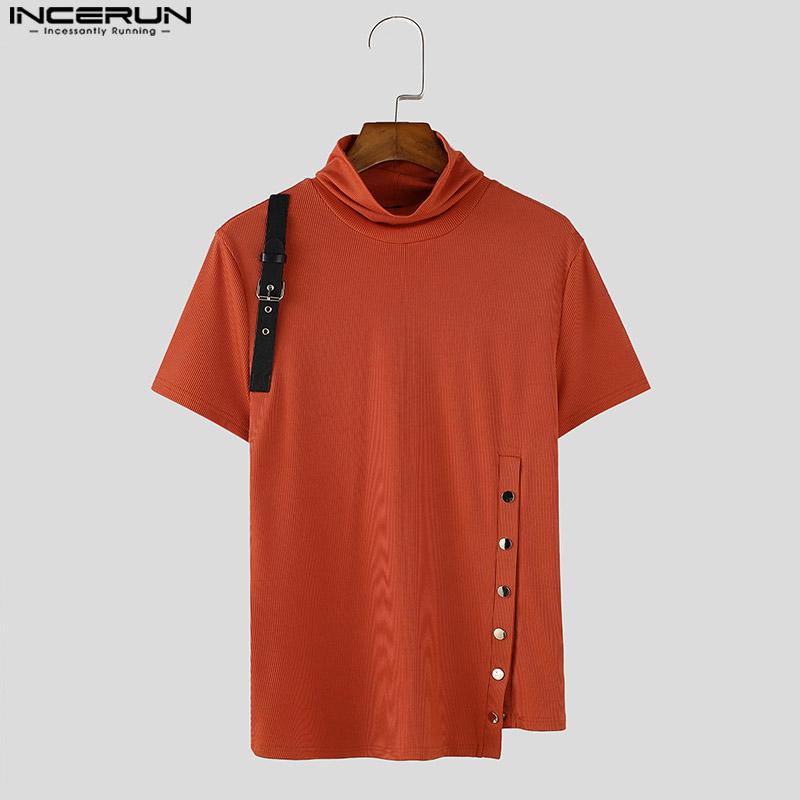 INCERUN Мужские летние водолазки с коротким рукавом в рубчик повседневные нестандартные облегающие футболки майки