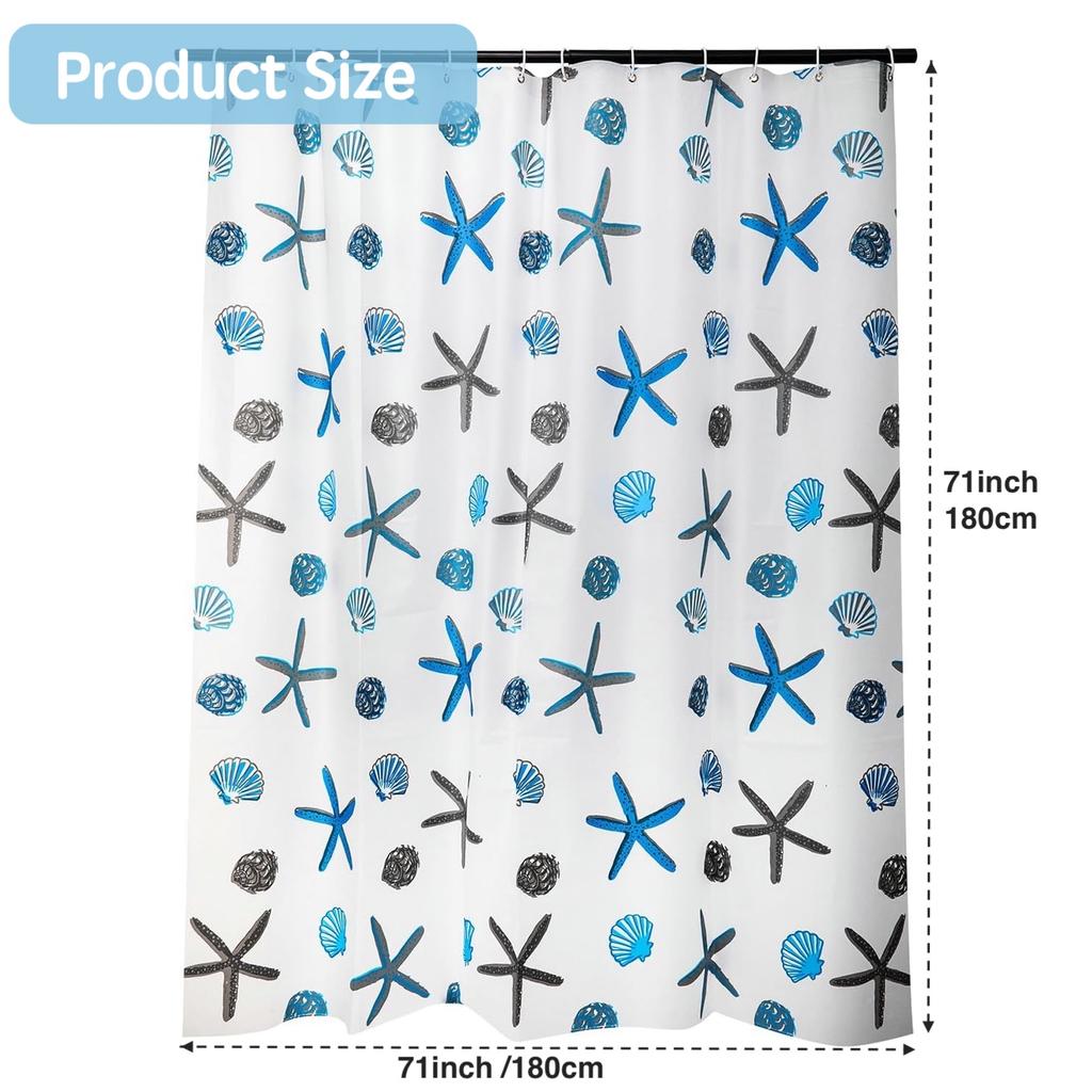 1Pc Starfish Print Semi-Transparent Shower Curtain With Plastic Hooks, 71*71Inches Lightweight Bathroom Curtain Bath Curtain