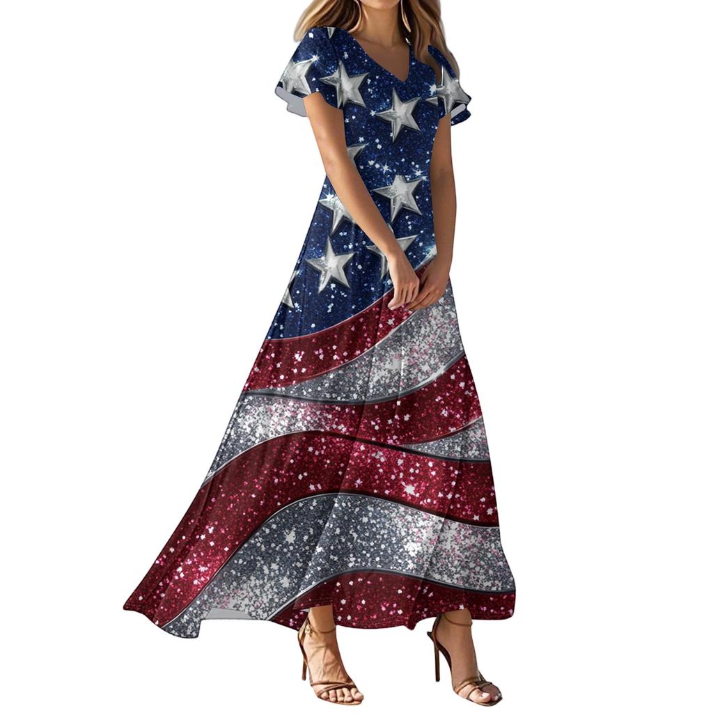 Женские повседневные модные длинные платья с принтом, платья с V-образным вырезом и коротким рукавом