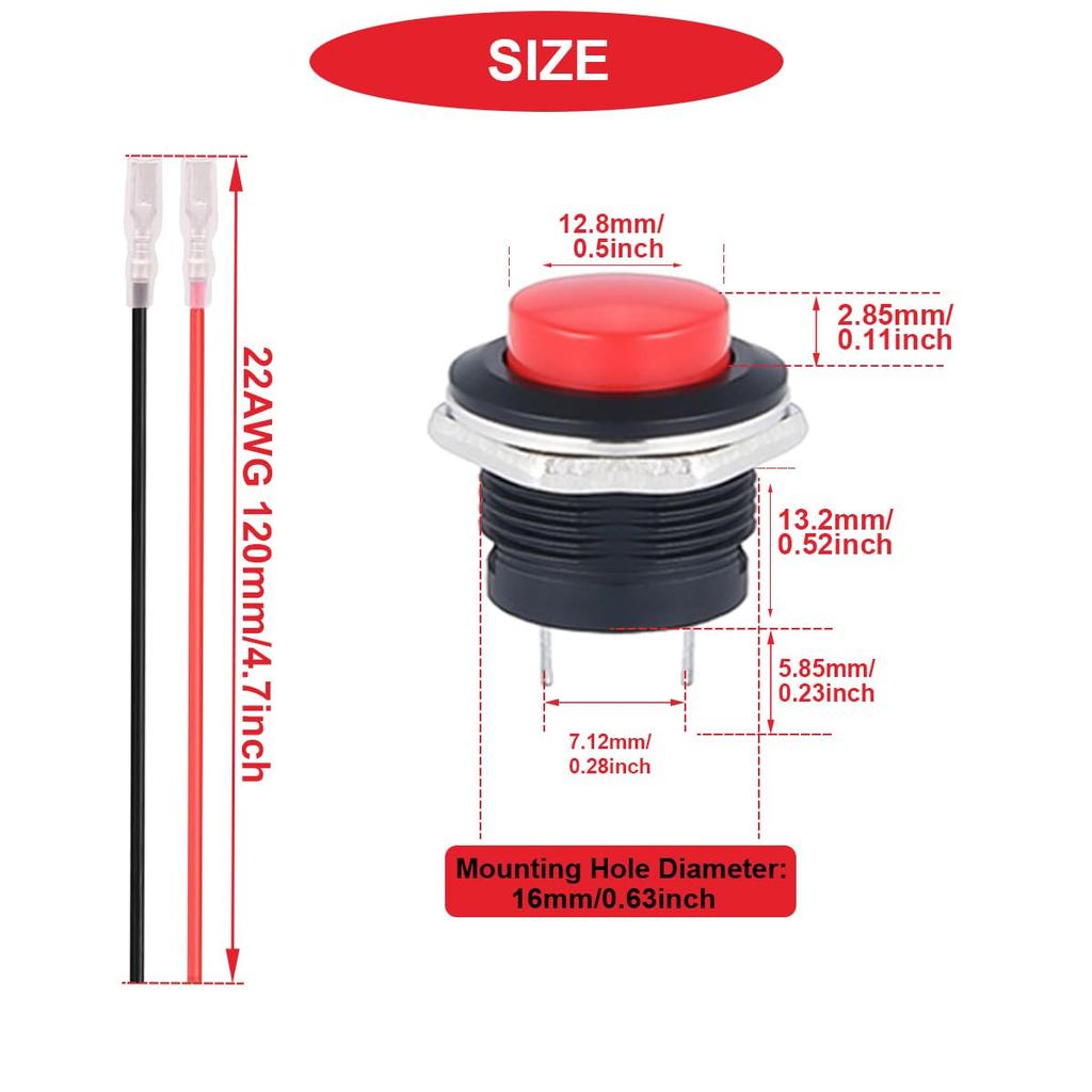 10Pcs 16mm Black Momentary Push Button Switch SPST ON Off Switch 3A 250V AC/6A 125V AC 2Pin Self-Resetting Round Switch with Locked Terminal Wires