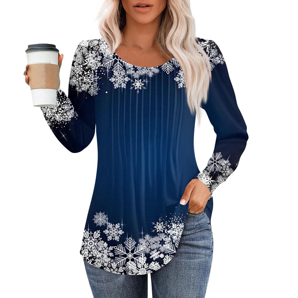 Рубашки с длинным рукавом для женщин, топы, нарядные повседневные блузки с рождественским принтом, плиссированные туники с круглым вырезом