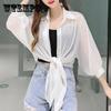 Short Chiffon Sun Protection Shirt Cage Sleeve Thin Coat Women's Outerwear Blouse Loose See-through Top White Polo Collar Shirt