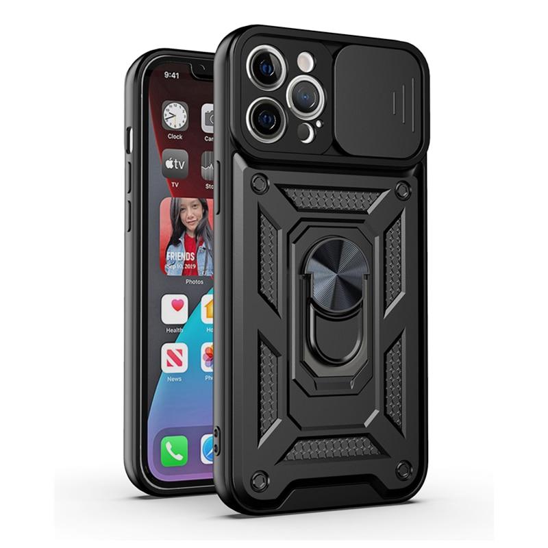 Luxury Sliding Lens Protection Armor Case For iPhone Samsung Huawei Xiaomi Redmi Magnetic Ring Shockproof Cover