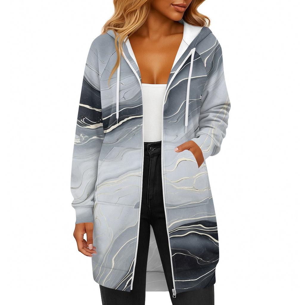 Women's Fashionable Printed Long Sleeved Drawstring Hooded Zipper Pocket Long Casual Sweatshirt Jacket