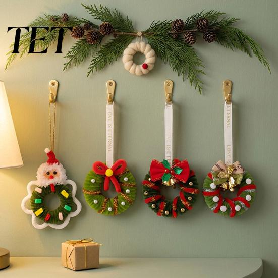Mini Christmas Tree Ornament Handmade Pipe Cleaner Wreath Ornament, Chenille Stems Bow Bell Decoration Crafts with Bells for Holiday Window Fireplace