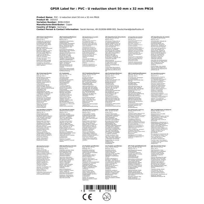 PVC-U Short Reducer 50 Mm X 32 Mm, PN16