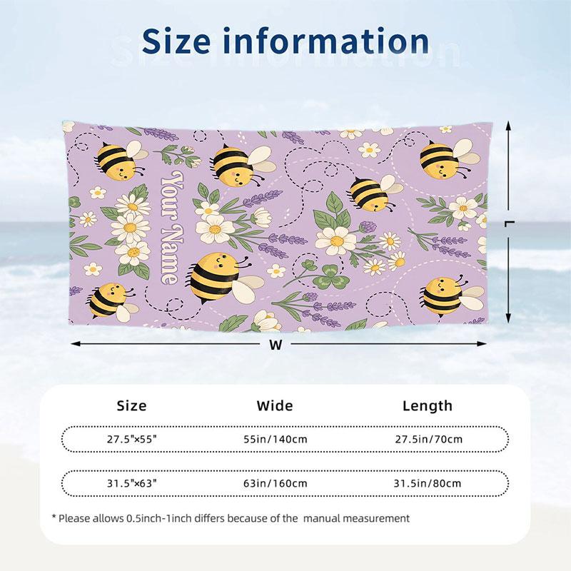 Bee Floral Garden Theme Quick Dry Beach Towel Custom Name Text Print Large Sand Resistant Towel Beach Vacation