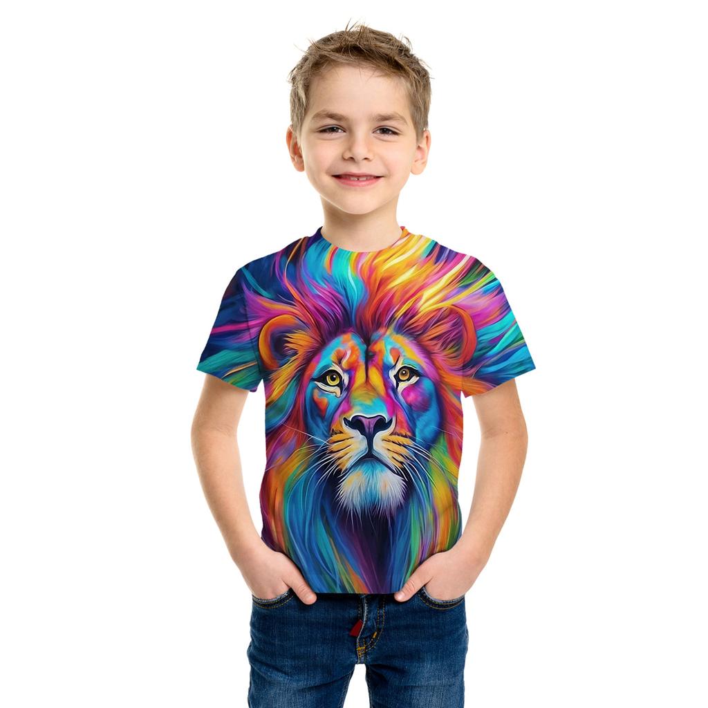 Summer Round Neck 3D Animal Lion Pattern Printed Top Fashionable Casual Short Sleeved Children's Boy T-shirts