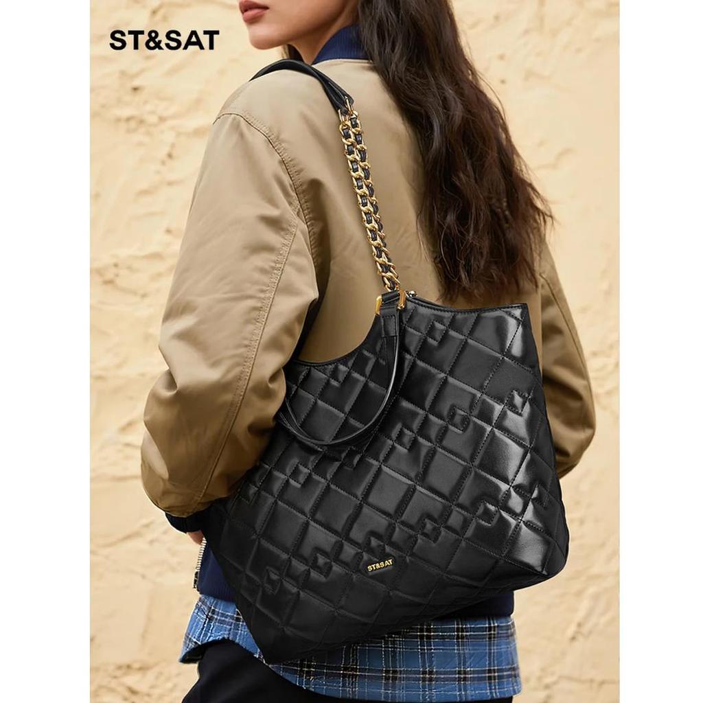 St&Sat Women's Handbag, Tote Bag, Large Capacity, Diamond Pattern Shoulder Bag, for Commuting, 14/15-Inch Laptop Bag, Black