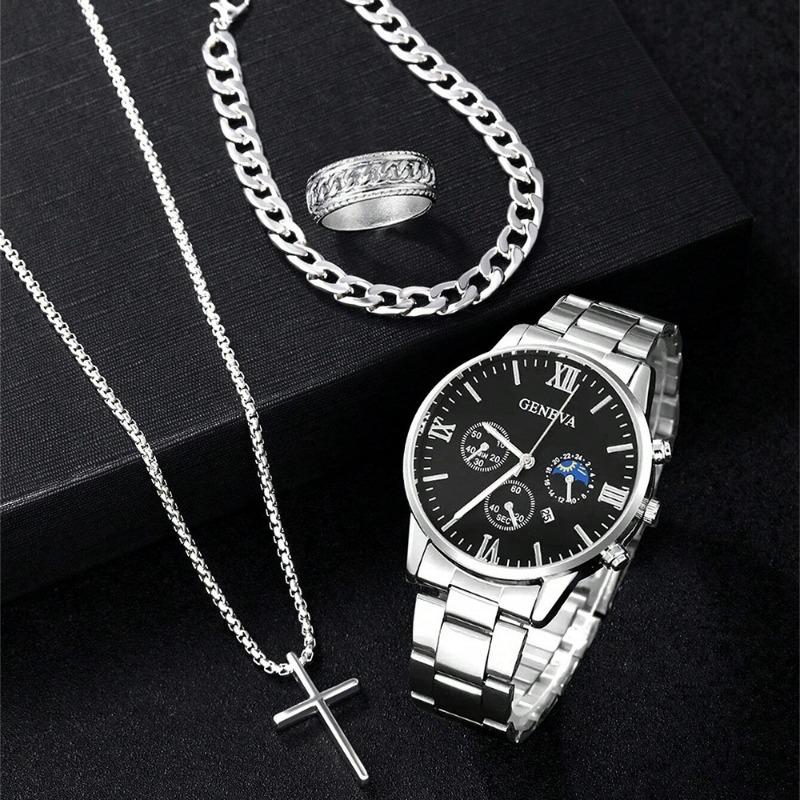 Часы Мужские с Римским циферблатом Кварцевые Часы Бизнес Премиум Набор Аксессуаров для Часов