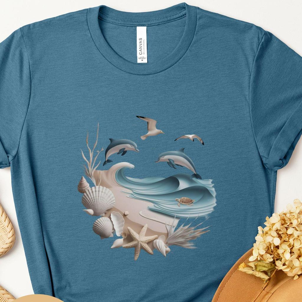 Cute Dolphin Tee, Ocean Animal Shirt for Women, Gift fo Her, Dolphins Seagull Marine Shirt, Nature Beach Shirt, Minimalist Watercolor Design