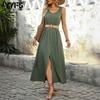 Женская мода лето весна однотонный принт без рукавов с v-образным вырезом и высокой талией повседневные платья