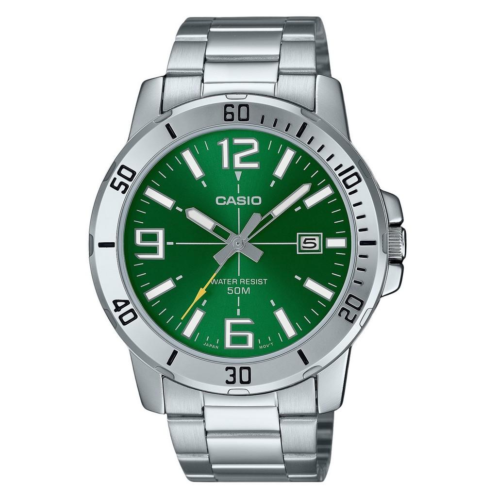 Casio Стандартные аналоговые кварцевые часы из нержавеющей стали с зеленым циферблатом MTP-VD01D-3BV для мужчин