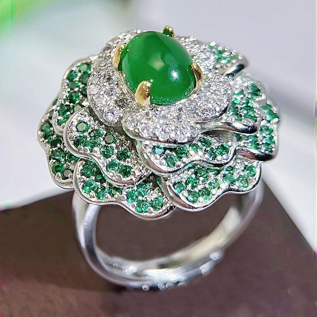 CMM Statement Big 3D Flower Adjustable Ring Micro Tiny Paved Oval Green CZ Zircon Cocktail Party Jewelry