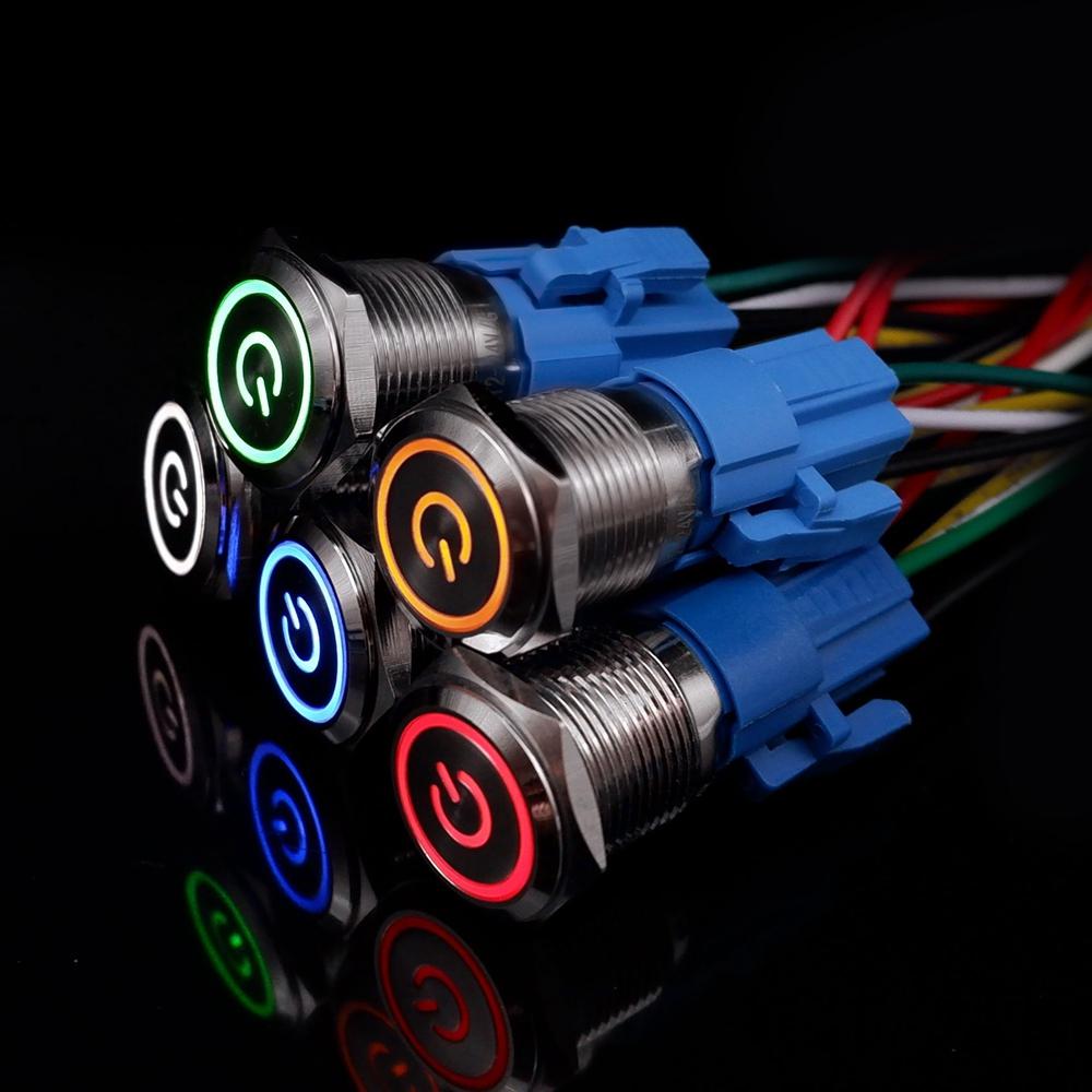 5 pcs Metal Push Button Switch 12v 16mm 19mm 22mm Ring Lamp Power Symbol Waterproof LED Light Self lock reset with connector 220 Switches4