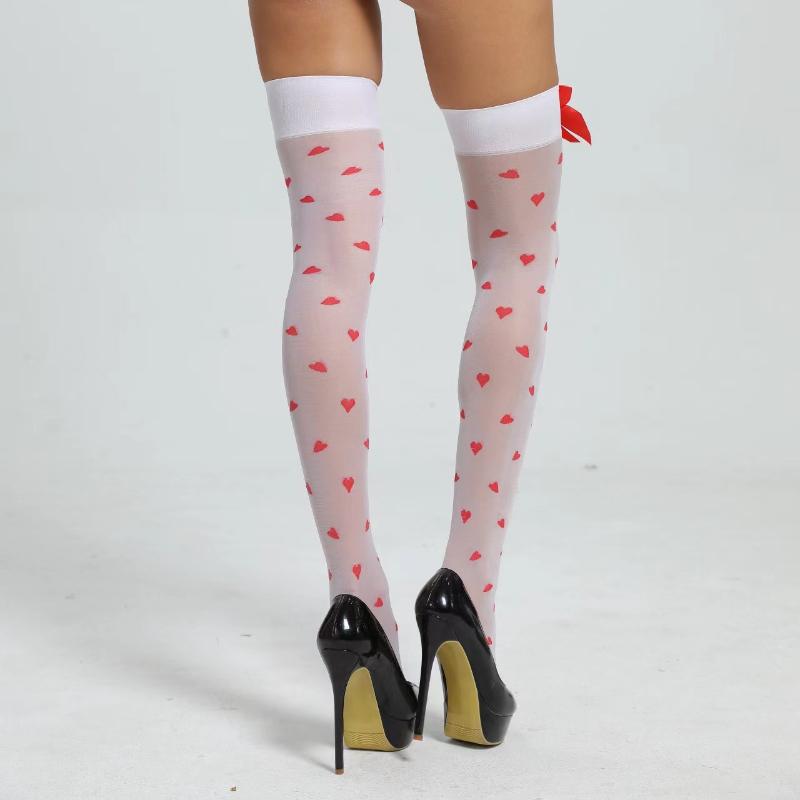 Взрывоопасные длинные носки выше колена с красным персиковым сердечком и бантом «Любовь», женские носки выше колена на Хэллоуин, фестиваль призраков, череп, скелет, сексуальные тонкие