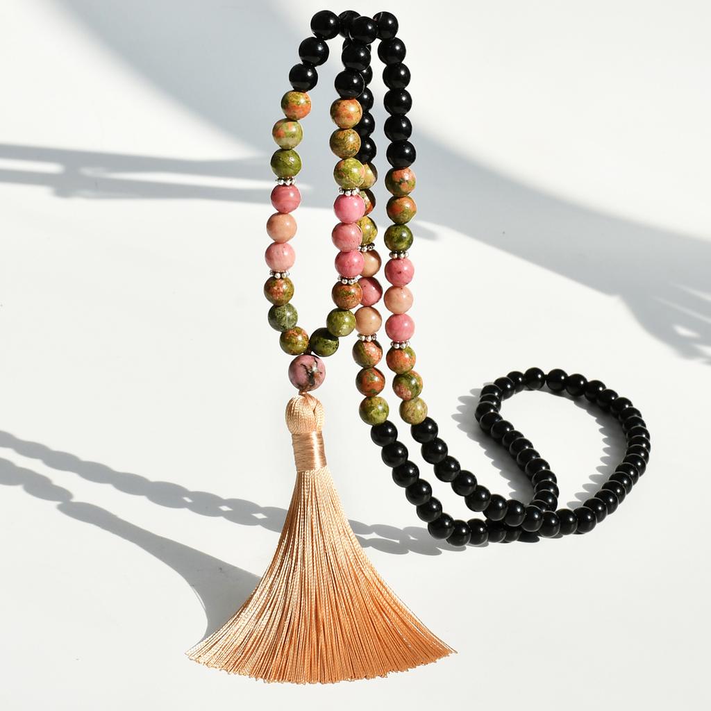 108 Mala Beads Long Necklace Boho Style Tassel Pendant Natural Stone Rhodochrosite Unakite Black Onyx Handmade Zircon Gift