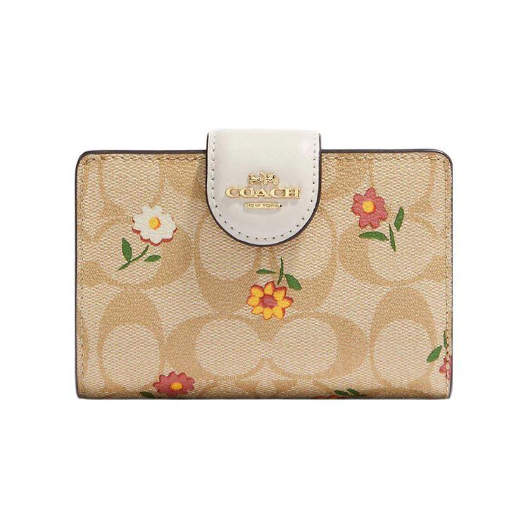 Coach Кошелек на молнии сбоку 13 Classic Monogram Цветочный принт Холст и кожа Средний женский кошелек Светло-хаки CH480-IMOT4