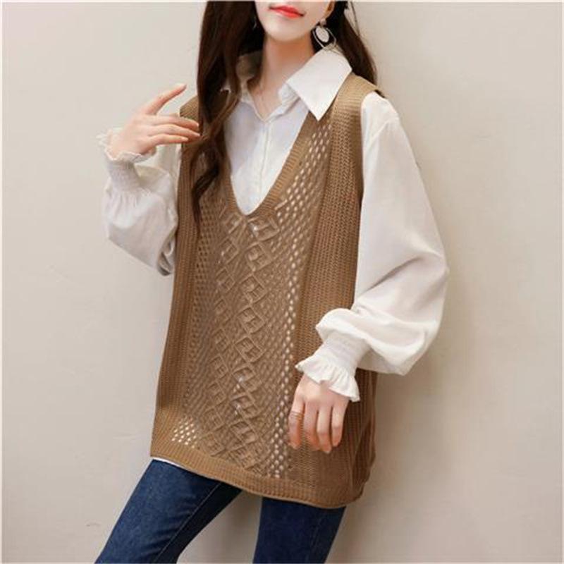 Осенний новый корейский жилет, женский вязаный полый свободный свитер