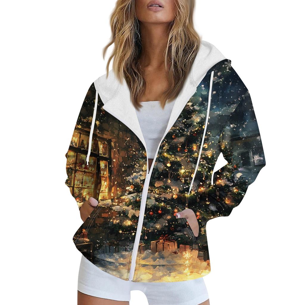 Женская рождественская печатная толстовка осень-зима с длинным рукавом кардиган куртка с карманами на молнии толстовка с капюшоном верхняя одежда