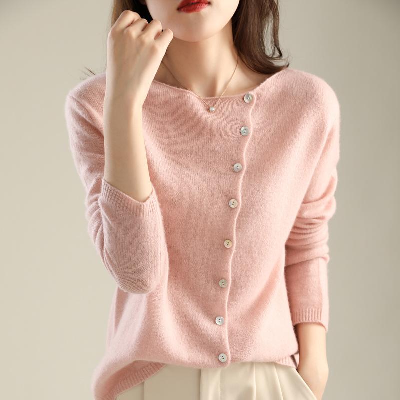 Spring and Autumn New Knitted Sweater Single-breasted Cardigan Women's Low Round Neck Thin Knitted Outer Cover