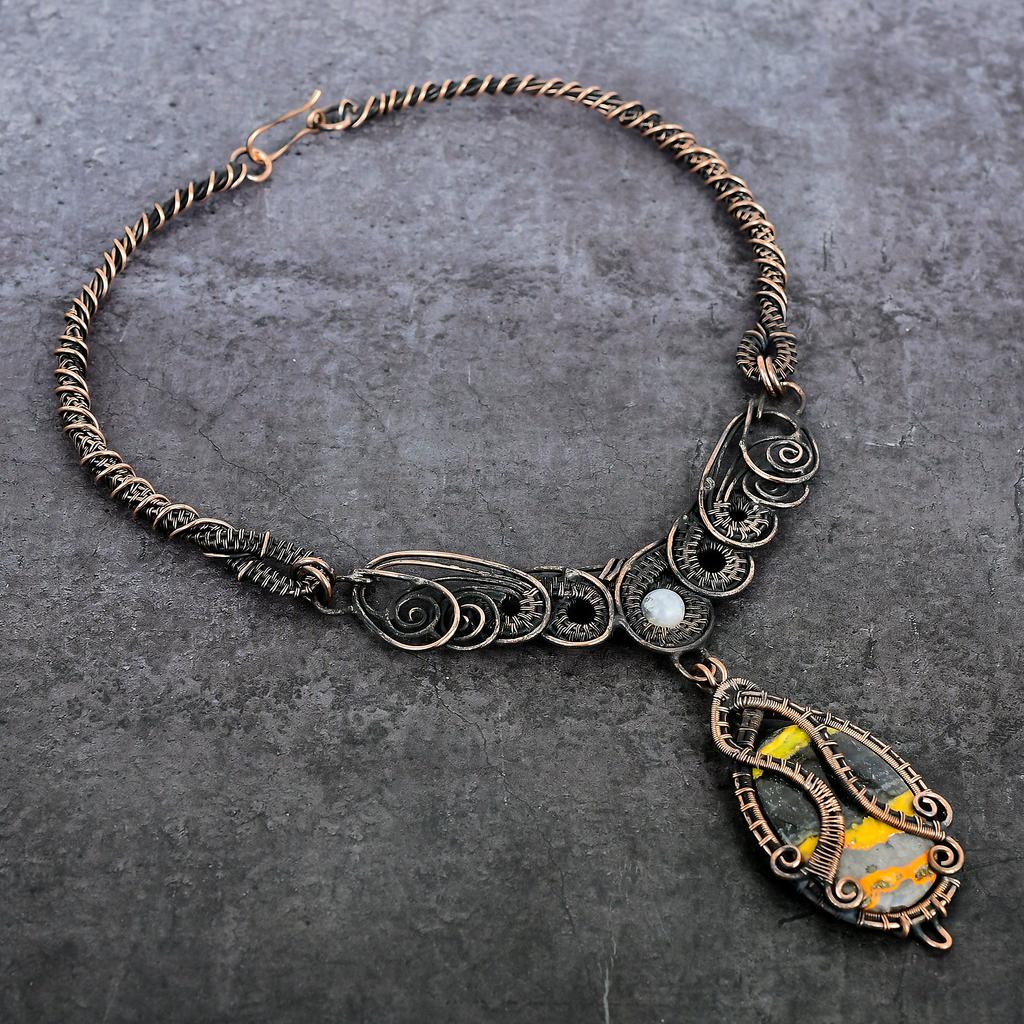 Bumble Bee Jasper Handmade Copper Wire Wrap Jewelry Necklace 18" G3w38