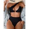Sexy Bikini Women Swimwear Swimsuit Black Hollow Single Shoulder High Waist Beach Bikinis Set Bathing Suit Metal Ring Decor