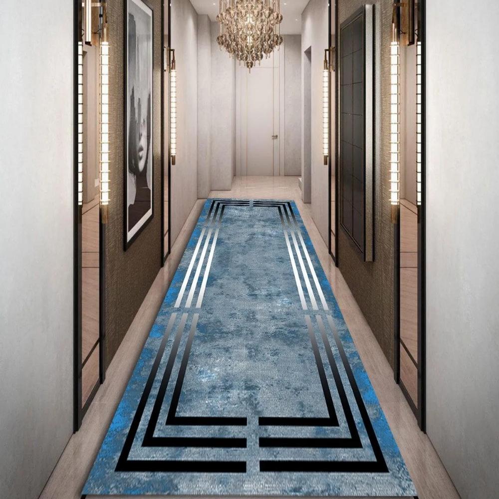 Современный геометрический ковер с синим и черным узором, моющийся нескользящий ковер для гостиной, мягкий коврик, коврик для беговой дорожки
