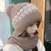 Women Winter Hood Beanies Thick Woolen Knitted Hat with Scarf Fur Pompom Crochet Bonnet Outdoor Ski Female Skullies Cap Warm Headgear