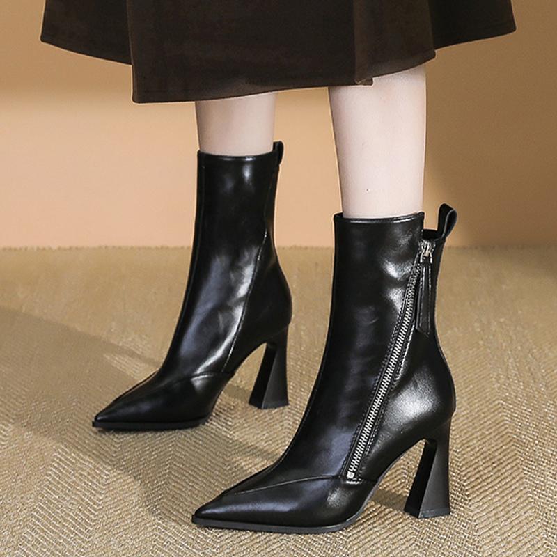 Женские ботильоны на высоком каблуке, кожаные, с острым носком, элегантные туфли 2025 года, модные дизайнерские туфли-лодочки на молнии, зимние гладиаторские туфли-лодочки