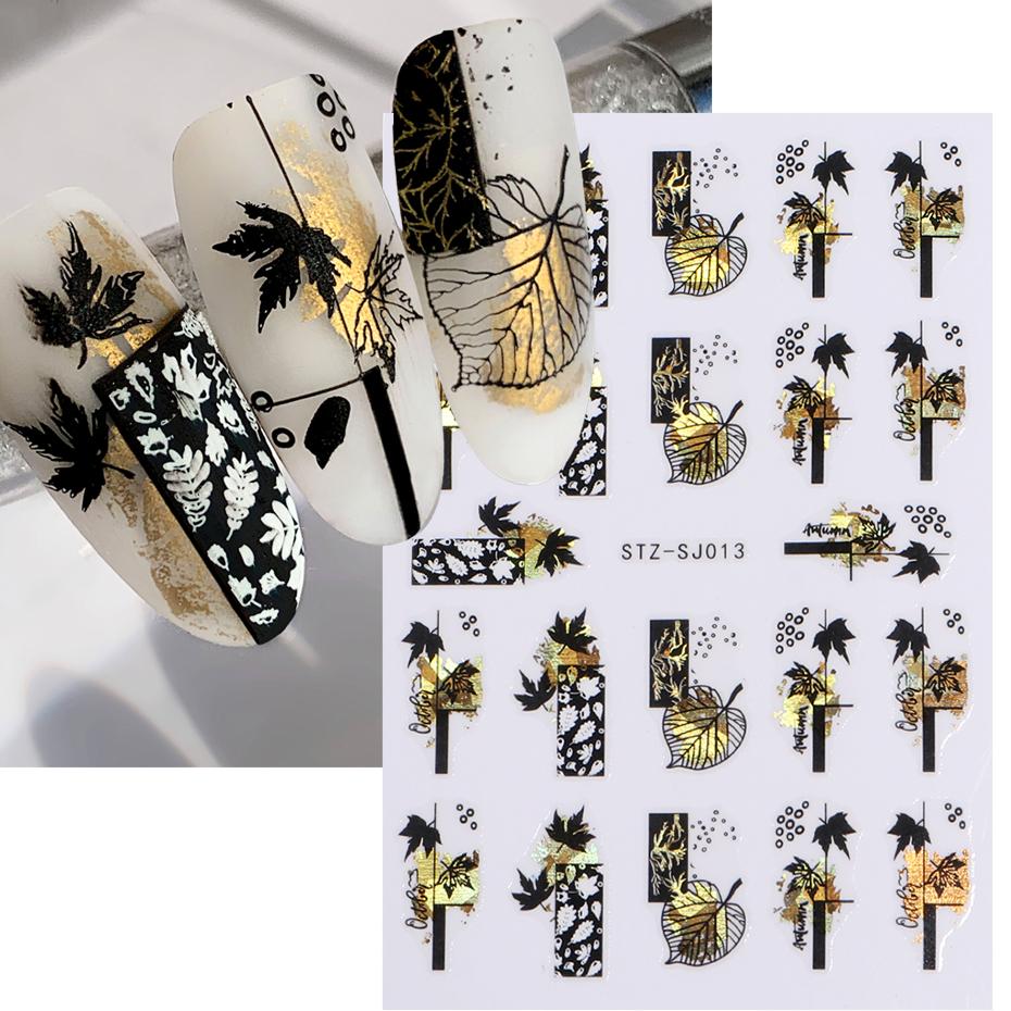 3D Fall Nail Stickers Gold Leaf Cotton Flowers Transfer Decals Nail Adhesive Sliders Manicure 2023 Autumn Decorations TRSTZ-SJ
