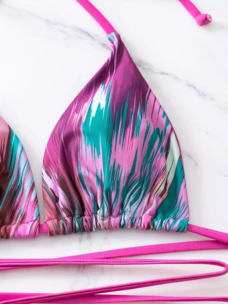 European & American Tie-Dye Three-Piece Deep V Bandage Bikini Set with Sexy Hollow-Out Design