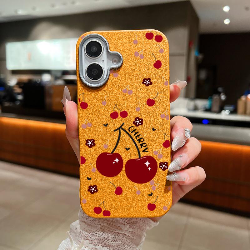 Cherry Patterned Phone Case for iPhone 16 Pro 15 14 Plus 13 12 Pro Max 11 Shockproof Leather Texture Soft Tpu Slim Matte Case Cover