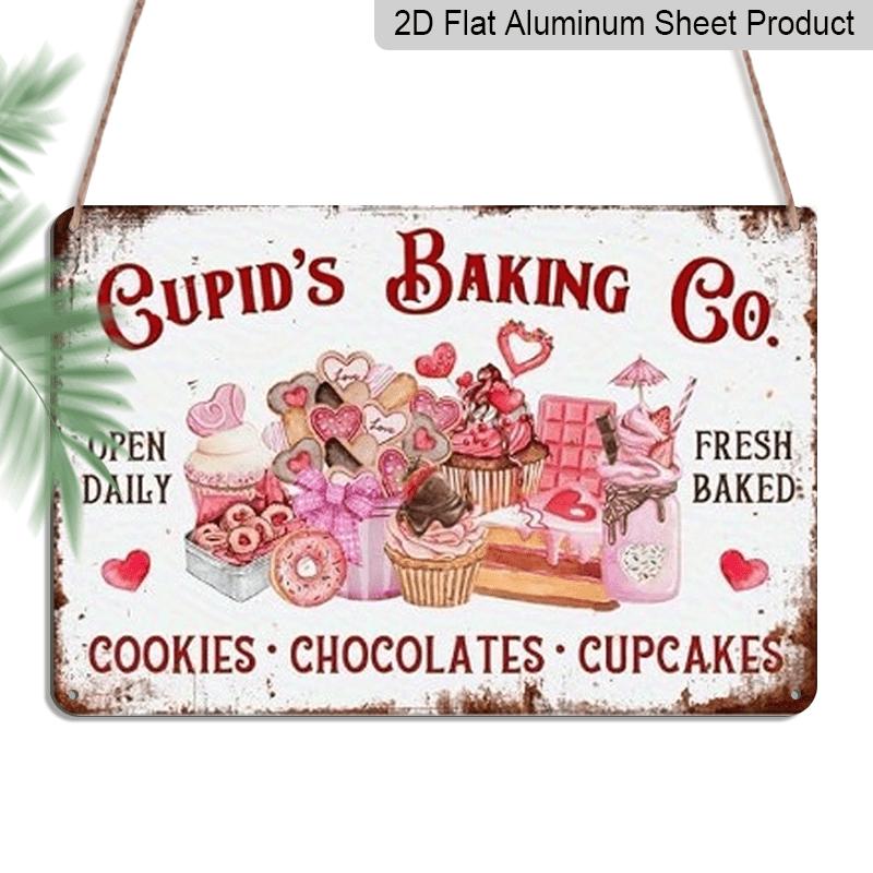 2D Flat Cupid'S Baking Co. Aluminium Wall Art - Vintage Decorative Sign for Home, Kitchen, or Restaurant, 8x12 Inches, Rustic Metal Sign with Heart