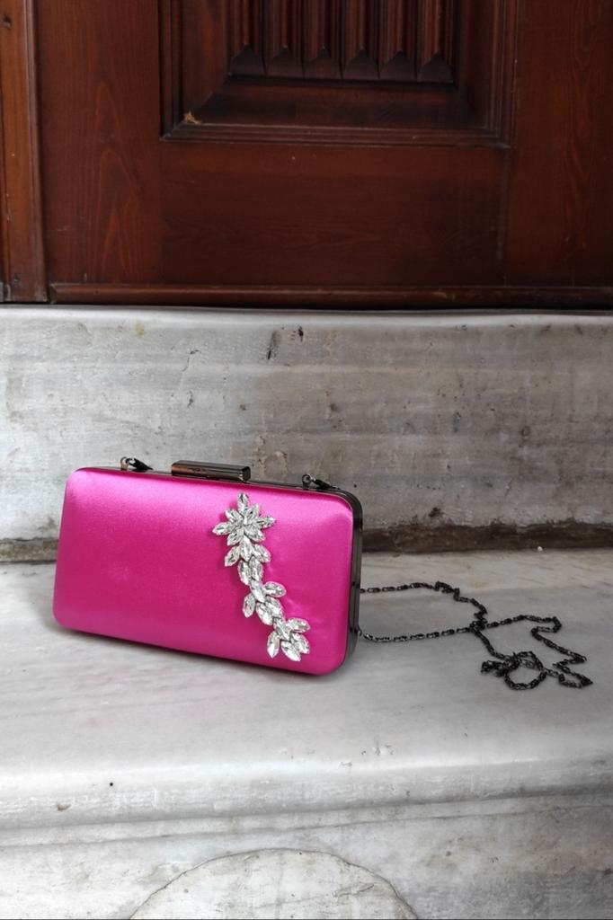 Women's Stylish and Useful Evening Dress Bag Light Fuchsia Satin Stone Evening Dress Portfolio Box Bag