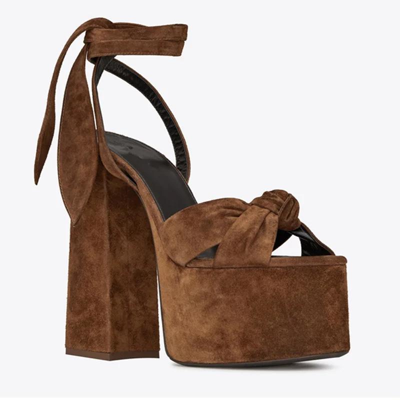 Модные босоножки на высоком каблуке с толстой платформой, женские летние босоножки с рыбьим ртом, женские туфли на высоком каблуке с бантом и ремешком на щиколотке для косплея