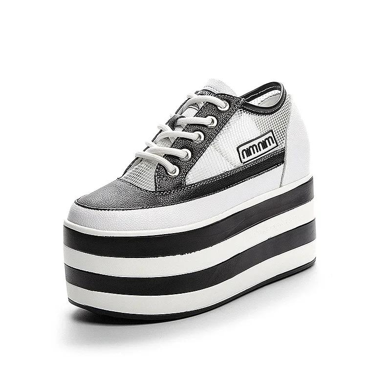 Мода 12 см Воздушная сетка Полые Повседневные туфли Вулканизированные Летние Дышащие Натуральная кожа Массивные кроссовки Клиновидный каблук Платформа Кроссовки