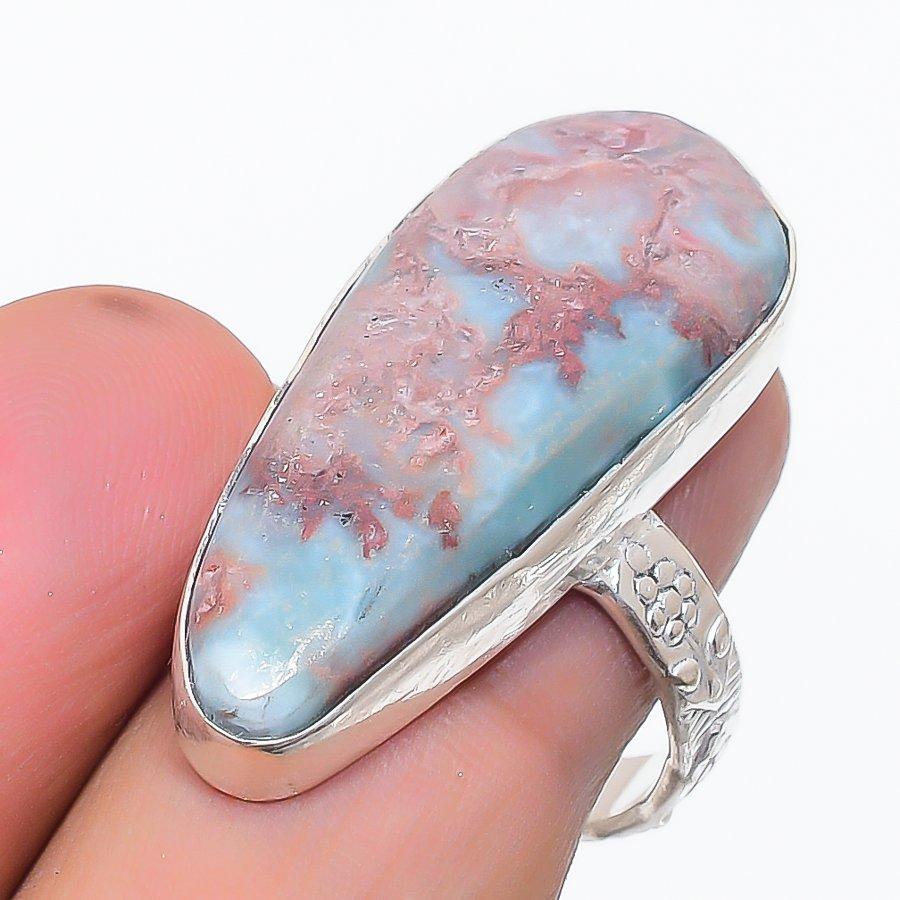 Natural Larimar Gemstone Handmade 925 Sterling Silver Jewelry Ring Size 8.5 O2r89