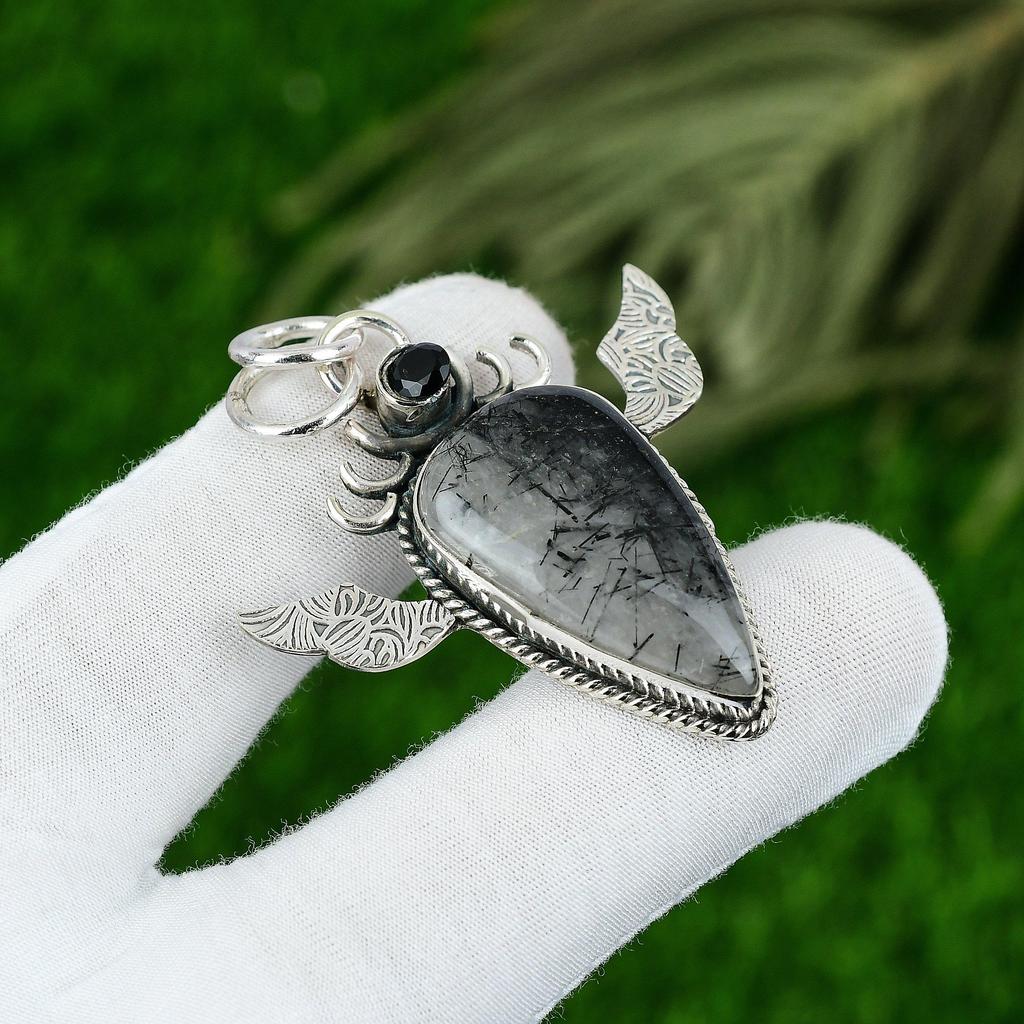 925 Sterling Silver Pear Natural Black Rutile Spinel Engagement Pendant Jewelry