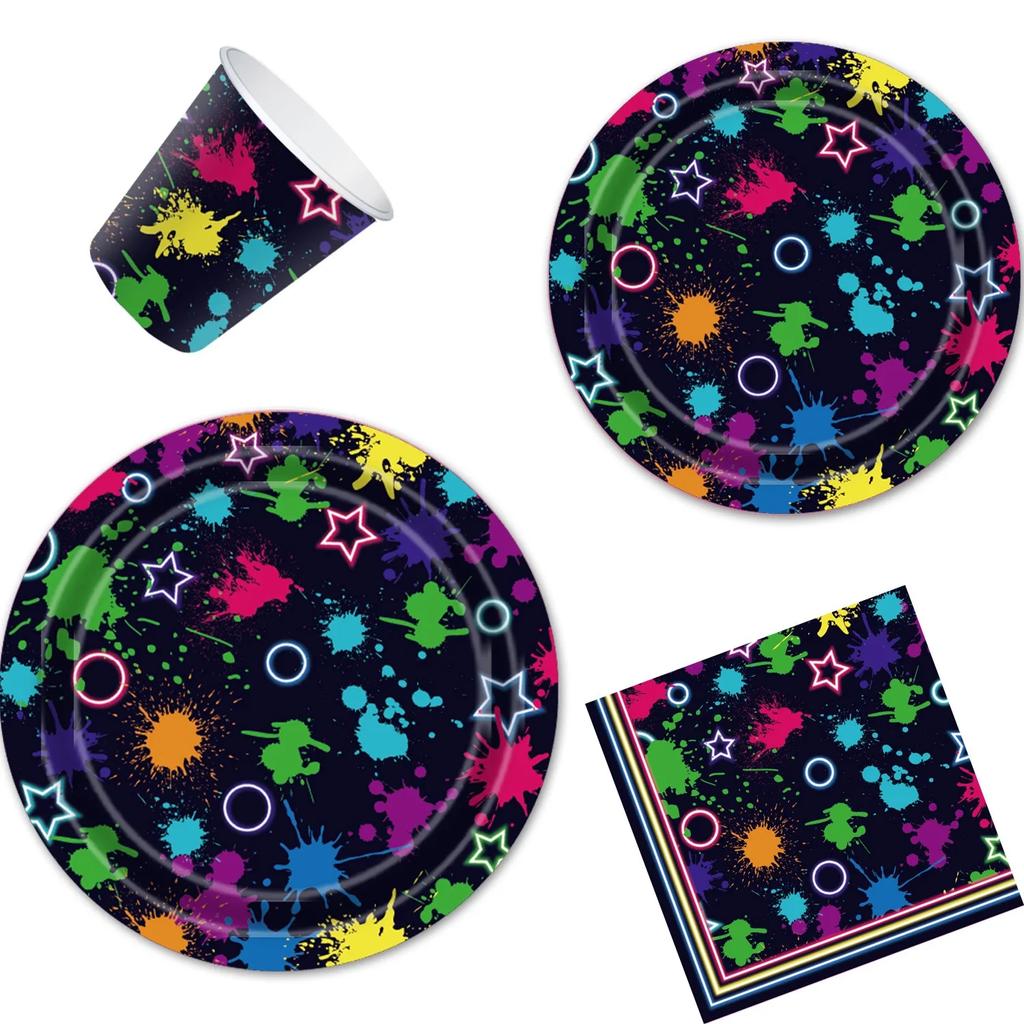 Neon Theme Party Disposable Tableware Set Colorful Graffiti Paper Plates Napkins Cups Kids Happy Neon Birthday Party Decoration
