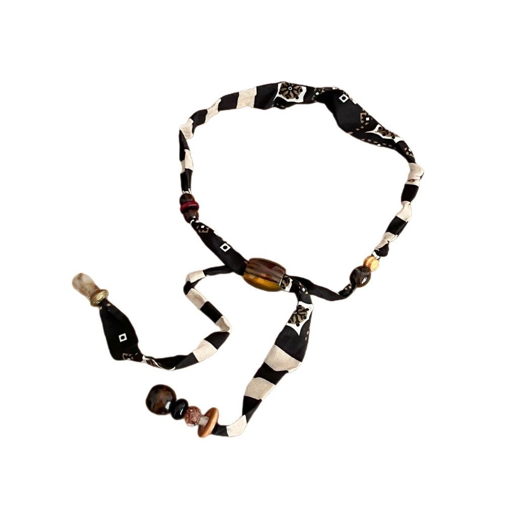 Multicolor Cloth Chain Necklace Strip Bohemian Choker Unique Wood Bead Necklace Male