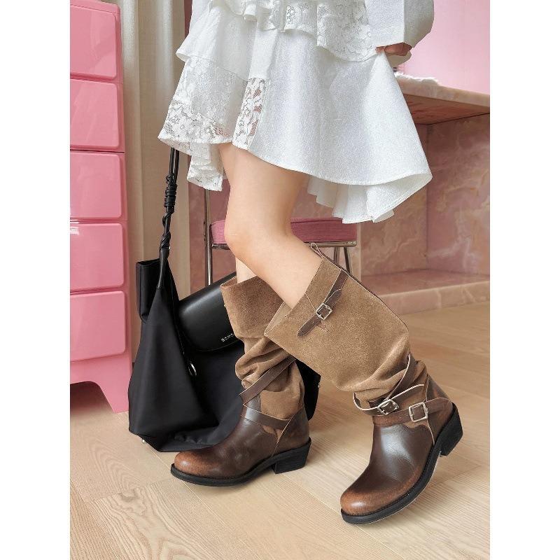 Версия из коровьей кожи~ ретро старые полированные сапоги длинные сапоги на толстой подошве с пряжкой ремня плиссированные сапоги со сборками нишевые сапоги рыцаря