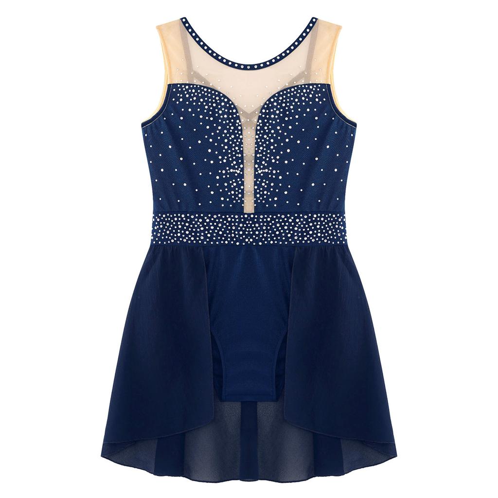 Kids Girls Ballet Lyrical Dance Figure Ice Skating Dress Hollow Back Mesh Gymnastics Leotard Dress