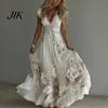 A-line Silhouette Dress Summer Floral Maxi for Women Short Sleeve V Elegant Printed Neck Swing Beach Vacation Sundress Lightweight