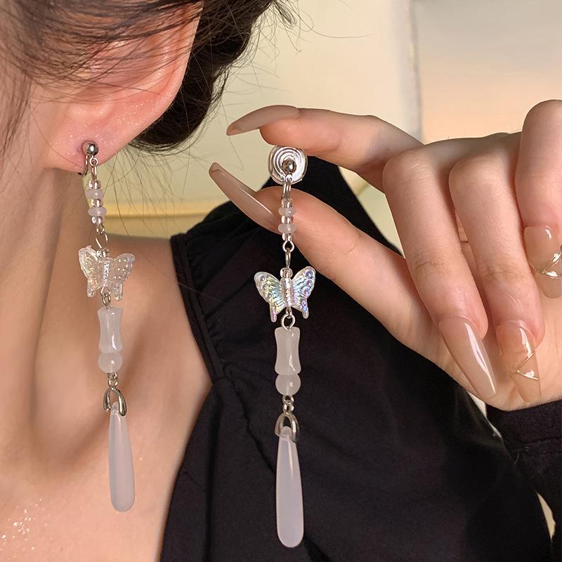 Новые серьги-клипсы с кисточками в средневековом стиле из халцедона для непроколотых ушей