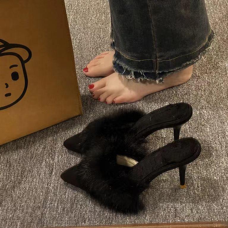 Полуботинки женские тонкие каблуки Мюллеры женская обувь острые носы пушистые высокие каблуки крутые тапочки женская верхняя одежда сумка голова иностранный стиль