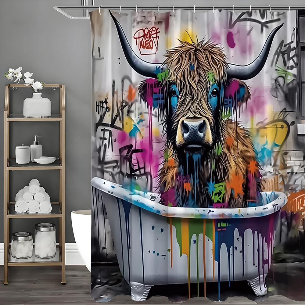Colorful Modern Abstract Graffiti Creative Highland Cow Shower Curtain, Bathroom Decorative Shower Curtain, Waterproof Shower Cu